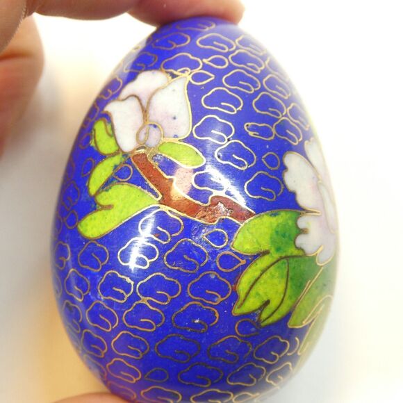 Cloisonne Enamel Egg Vintage Pink Chrysanthemum Flowers on Blue AS IS - Picture 3 of 7
